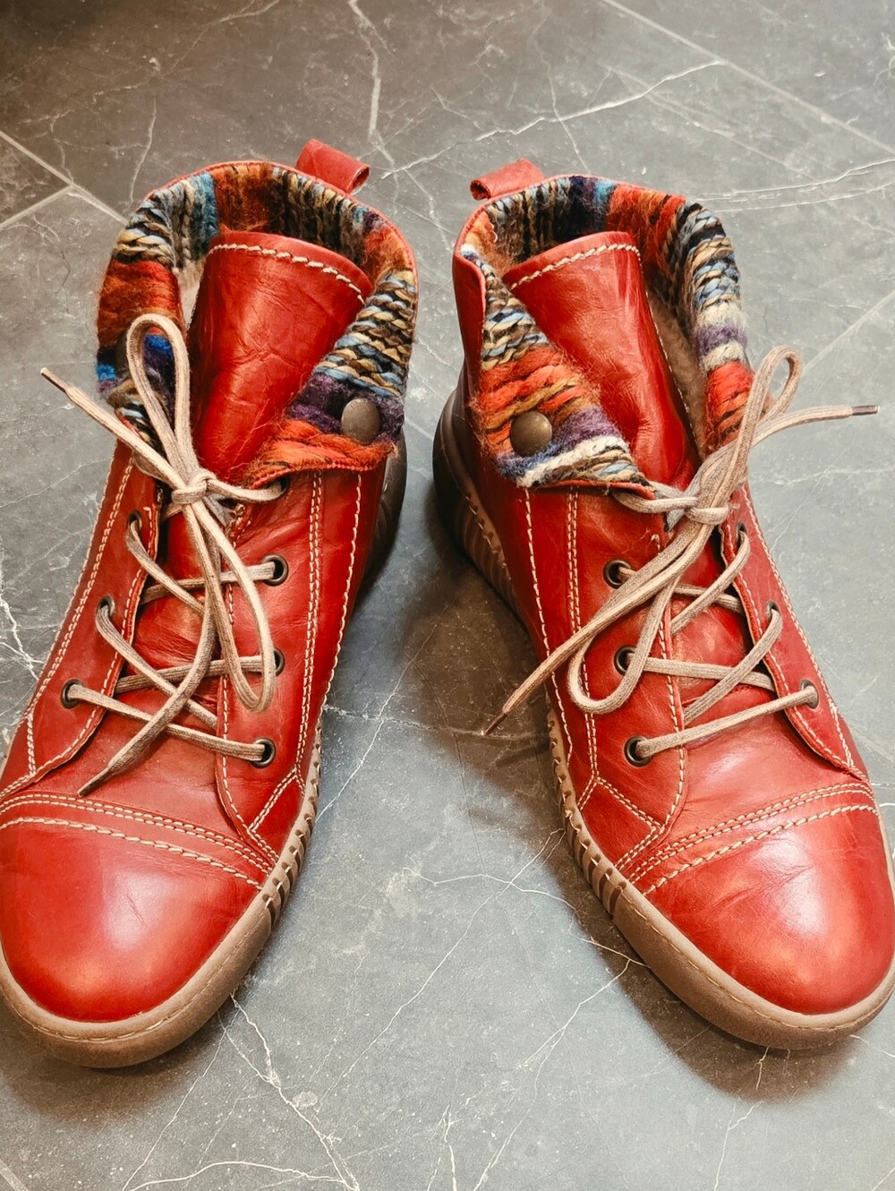 Josef Seibel Maren Red Leather Lace-Up Ankle Boots with Multicolor Knit Cuff